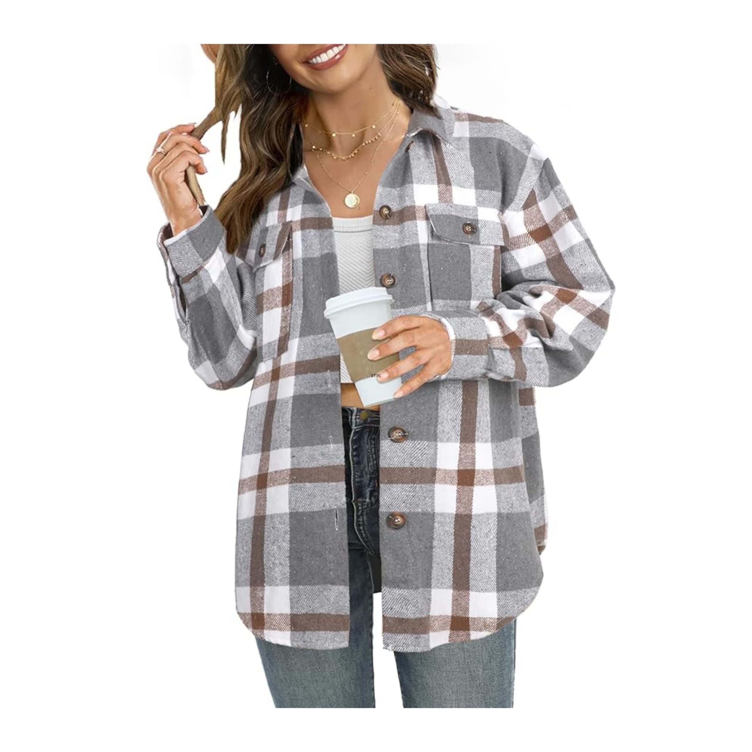 Plaid Snap Button Pocket Fringed Hem Shacket